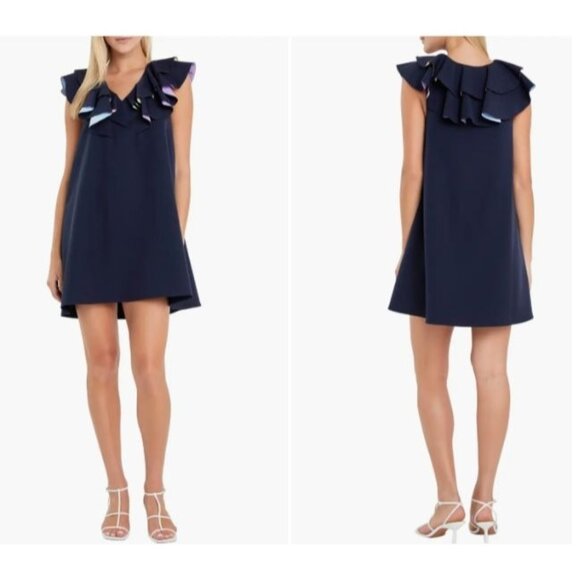 English Factory Multicolor Lined Ruffle Shift Dress, Navy, Sz. S - Picture 1 of 16